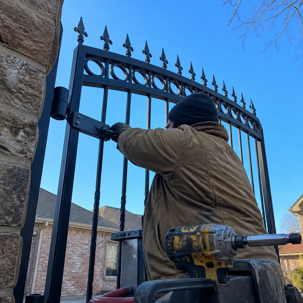 Professional contractor performing metal gate installation and repair work