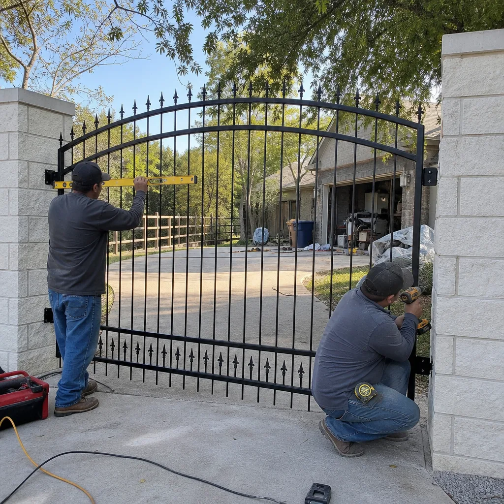 Two technicians installing a black metal driveway gate on stone pillars