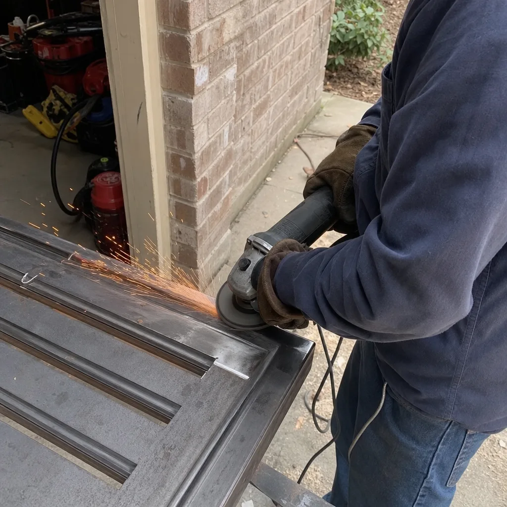 Professional gate repair technician using an angle grinder for metal welding in Grapevine, TX