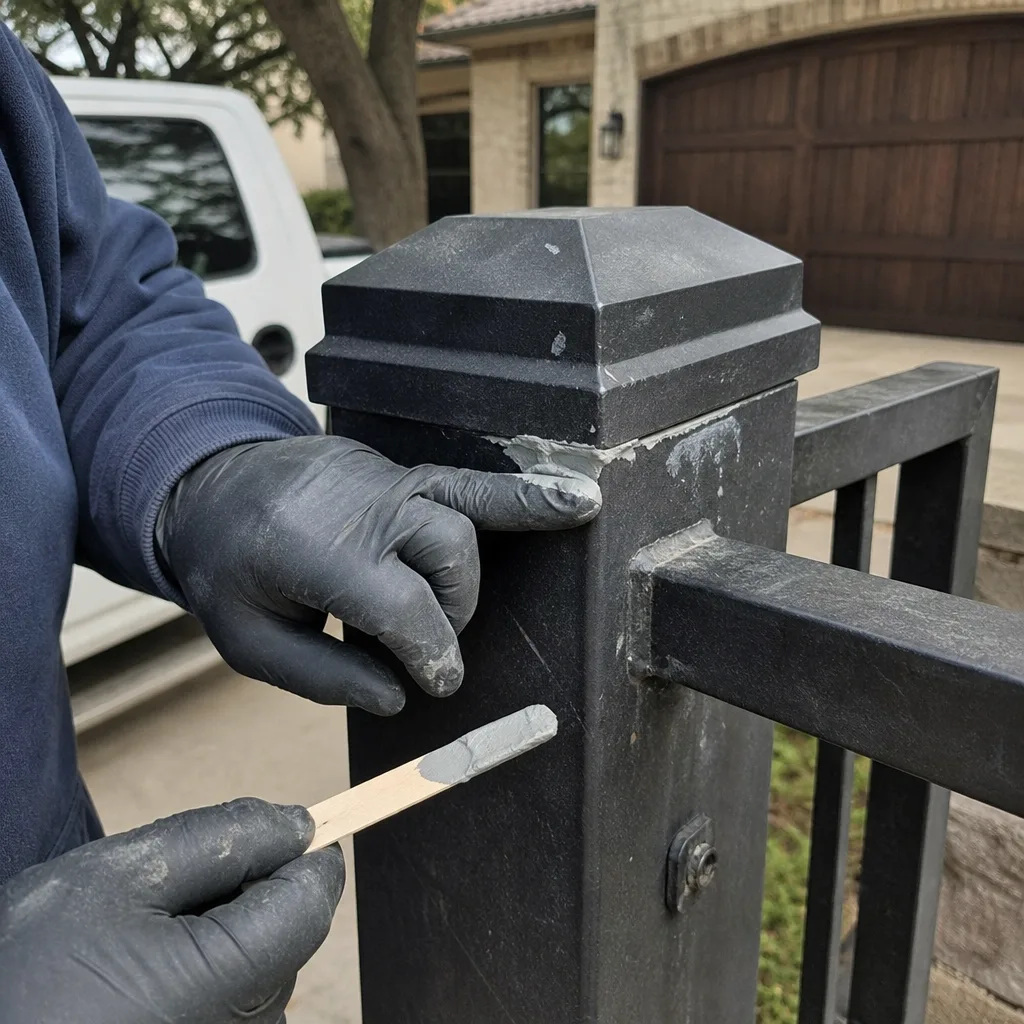 Professional technician performing metal gate post cap repair